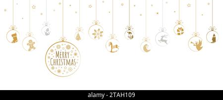 Hängende Kugeln gefärbt Gold mit verschiedenen abstrakten Symbole für Weihnachten und Winter zeit Konzepte und Grüße für Weihnachten und Neujahr Stock Vektor