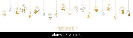 Hängende Kugeln gefärbt Gold mit verschiedenen abstrakten Symbole für Weihnachten und Winter zeit Konzepte und Grüße für Weihnachten und Neujahr Stock Vektor