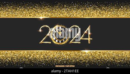 2024 Happy New Year Countdown Hintergrund. Goldener Glitzer im Licht mit abstraktem Glanz. Gruß festliche Karte Vektor illustr Stock Vektor