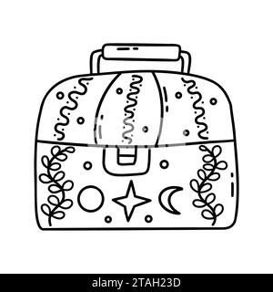 Box oder Truhe für persönliche Gegenstände oder Schmuck. Versteck. Mond, Stern und Monat werden gezeichnet. Magisches Element. Isolierte Darstellung des Schwarzweiß-Vektors Stock Vektor