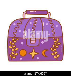 Lila Box oder Brust für persönliche Gegenstände oder Schmuck. Versteck. Mond, Stern und Monat werden gezeichnet. Magisches Element. Bunte Vektor-isolierte Illustration Stock Vektor