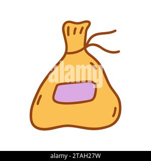 Gelber Stoffbeutel zur Aufbewahrung von Kräutern, Gewürzen oder Dingen, mit Faden und violettem Etikett gebunden. Bunte Vektor isolierte Illustration Hand gezeichnet Kritzelei Stock Vektor