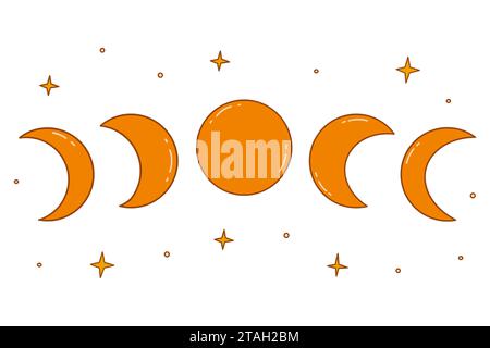 Phasen des Mondes, vom Wachsen des Mondes, vom Vollmond bis zum abnehmenden Mond. Die Sterne sind umher. Bunte Vektor isolierte Illustration Hand gezeichnet Kritzelei. Astrologische cy Stock Vektor