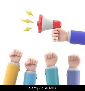 Zeichentrickhände von Dämonstranten und Hand mit Megaphon, Protestkonzept, Revolution, Konflikt, 3D-Illustration in flacher Konstruktion .3D-Rendering auf weißem Hintergrund Stockfoto