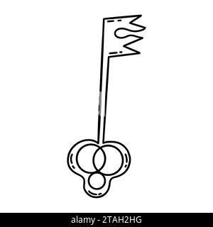 Figurenschlüssel von der Brust oder Tür. Schwarz-weiß Vektor isolierte Illustration Hand gezeichnet Doodle Icon Clip Art. Filigraner Masterschlüssel Stock Vektor