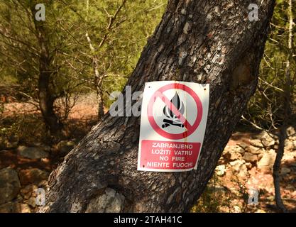 Lastovo, Kroatien - August 2017: Schild „kein Feuer“ im Wald auf der Insel Lastovo, Kroatien. Stockfoto