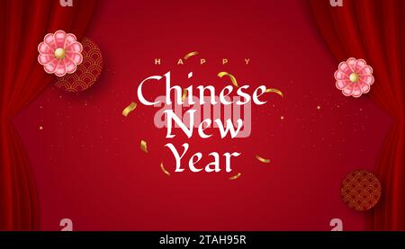 Chinesisches Neujahrsgrußbanner mit Blumen, orientalischem Muster und goldenem Konfetti isoliert auf rotem Hintergrund Stock Vektor