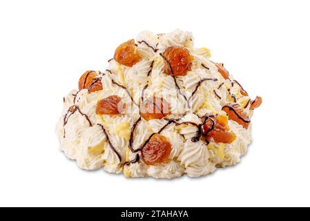 Mont Blanc Kuchen, Löffel Dessert Ein Löffel Dessert aus Glaces Marrons, Kakao und Rum und aus Schlagsahne. Isoliert auf weiß mit Beschneidungspfad inkl. Stockfoto