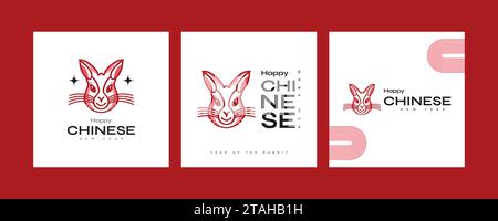 2023 Chinesisches Neujahr - Jahr des Kaninchens Poster-Set. Minimalistische und trendige Posterschablone mit niedlicher Kaninchenabbildung Stock Vektor