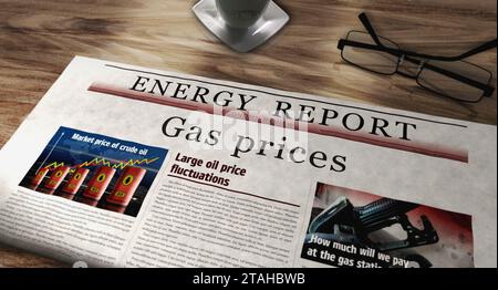 Gaspreise Energiemarkt und Treibstoffgeschäft Tageszeitung auf dem Tisch. Schlagzeilen Nachrichten abstraktes Konzept 3D Illustration. Stockfoto