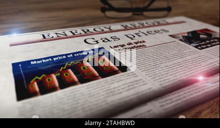 Gaspreise Energiemarkt und Treibstoffgeschäft Tageszeitung auf dem Tisch. Schlagzeilen Nachrichten abstraktes Konzept 3D Illustration. Stockfoto