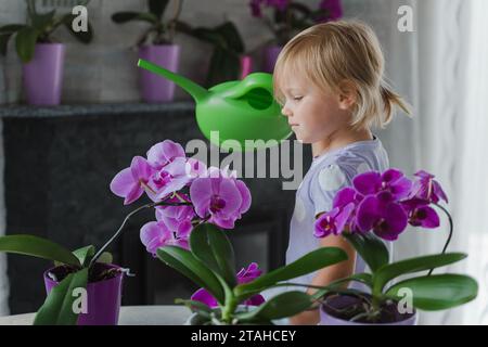 Kleines Mädchen, das Orchideen aus einer Gießkanne phalaenopsis tränkt Stockfoto