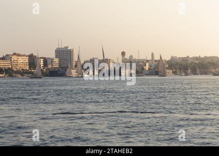 Traditionelle Feluken, die auf dem Nil segeln, während der goldenen Stunde in Assuan Stockfoto