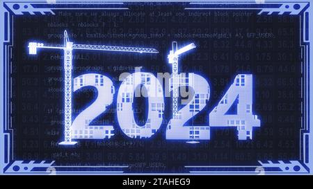 Zwei Turmkräne mit einer Volumenzahl von 2024 in Blautönung. 3D-Rendering. Stockfoto