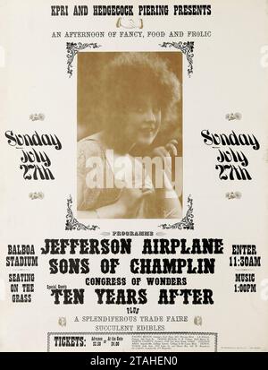 Jefferson Airplane - Sons of Champlin, Ten Years After 1969 - Balboa Stadium, San Diego, Vintage California, Nachmittagskonzert Poster Stockfoto