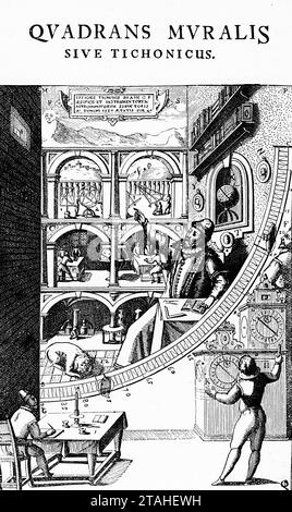 Tycho Brahes Wandquadrant ('Quadrans muralis sive Tichonicus'), 1598. Tycho Brahes Wandquadrant in seinem Observatorium in Uraniborg auf der Insel Hven. Illustration aus 'Astronomia Instauratae Mechanica', von Tycho Brahe (1546-1601), 1598. Stockfoto