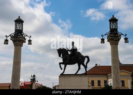 Die Statue von König Ferdinand unter einem bewölkten Himmel in Oradea, Grafschaft Bihor, Rumänien Stockfoto