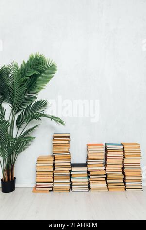 Viele Stapel Lehrbücher auf dem Boden an der Wand Stockfoto
