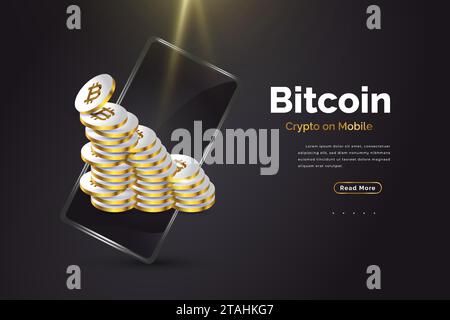 Haufen Gold-Bitcoins aus dem Smartphone. Bitcoin Kryptowährung auf Mobilgeräten. Hintergrund Für Digitale Währung Stock Vektor