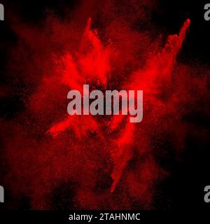 Abstrakter Rauchrahmen und Raum, schwarzer Hintergrund. Abstrakter roter Staub auf schwarzem Hintergrund. Explosion von rotem Pulver. Hellroter Raumnebel. Elem Stockfoto
