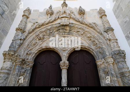 Viana do Alentejo, Igreja de Nossa Senhora da Anunciacao Portal (manueline-Stil). Evora, Alentejo, Portugal. Stockfoto