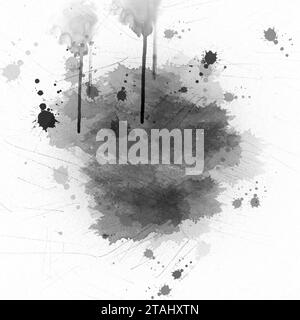 Abstraktes Schwarz in Spritzer, Farbe, Pinselstriche, Fleckengrunge isoliert auf weißem Hintergrund. Stockfoto