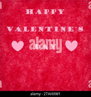 Bannerkarte mit grafischem Happy Valentine's Day. Hintergrund mit roter Papierstruktur, rosafarbener Text. Kopierbereich für mehr Textplatzierung. Stockfoto