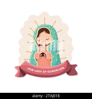 Unsere Lieben Frau von Guadalupe mit Band. Kawaii Stil Vektor Illustration Stock Vektor