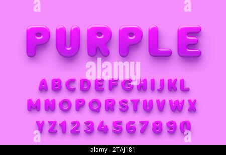 Violettes 3D-Alphabet mit Zahlen auf violettem Hintergrund. Stock Vektor