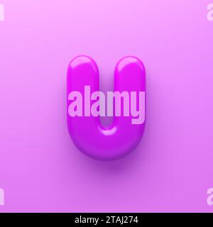 3D Lila Buchstabe U mit glänzender Oberfläche auf violettem Hintergrund. Stock Vektor