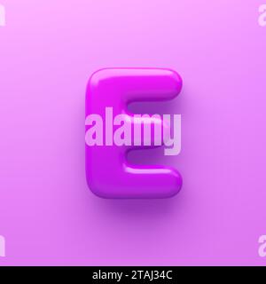 3D Lila Buchstabe E mit glänzender Oberfläche auf lila Hintergrund. Stock Vektor