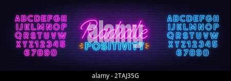 Neonschriftzug „Strahlend Positivity“ auf Backsteinwand-Hintergrund. Stock Vektor