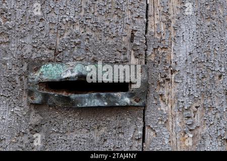 Ein geknickter, veralteter Briefkasten in einer alten, verwitterten Tür in einem Gebäude in Florenz, Toskana, Italien. Stockfoto