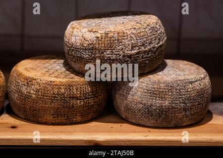 Große Scheiben italienischer Pecorino-Hartkäse aus Schafsmilch. Der Name „Pecorino“ leitet sich von pecora ab, was auf Italienisch „Schaf“ bedeutet. Stockfoto