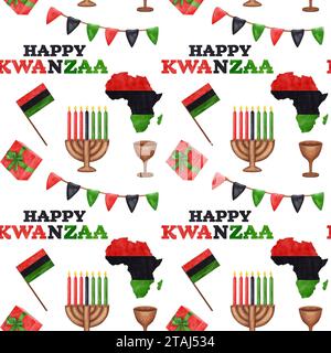 Nahtloses Kwanzaa-Muster. Kinara, sieben brennende Kerzen, rote schwarze grüne Karte, Tasse, Geschenk. Afroamerikanischer Urlaub. Handgezeichnete Aquarellillustration Stockfoto