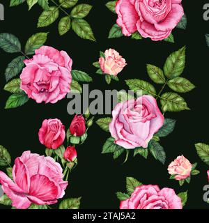 Aquarell nahtloses Muster mit Blumenmotiv. Handgezeichnete rosa Blüten mit grünen Blättern auf dunklem Hintergrund. Zum Einpacken von Papier, Stoff Stockfoto