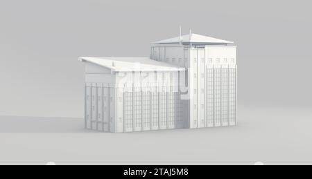 Weißes Gebäude auf weichem Grau-Studio-Hintergrund. Schwarzweiß. Perspektivische Ansicht. Minimales Konzept. 3D-Rendering. Stockfoto