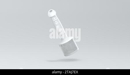 Weißer vertikaler Stabmixer auf einem Studio-Hintergrund in weichem Grau. Perspektivische Ansicht. Schwarzweiß. Minimales Konzept. 3D-Rendering. Stockfoto