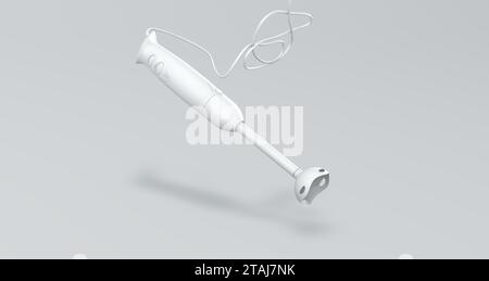 Weißer Mixer mit Messerbefestigung und Kabel auf weichem grauem Studio-Hintergrund. Perspektivische Ansicht. Schwarzweiß. Minimales Konzept. 3D-Rendering. Stockfoto