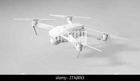 Air Drone Fly auf einem weichen weißen Studio-Hintergrund. Perspektivische Ansicht. Minimales Konzept. Schwarzweiß. Abbildung 3D-Rendering. Stockfoto