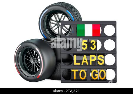 Italienisches Rennen, Boxbrett mit Flagge Italiens und Rennräder mit verschiedenen Verbundreifen. 3D-Rendering isoliert auf weißem Hintergrund Stockfoto