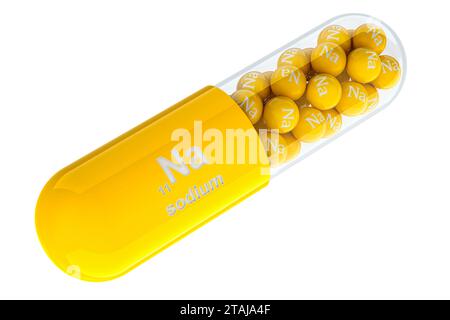 Kapsel mit Natrium-Na-Element, 3D-Rendering isoliert auf weißem Hintergrund Stockfoto