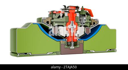 Querschnitt der Panzerabwehrmine, 3D-Rendering isoliert auf weißem Hintergrund Stockfoto