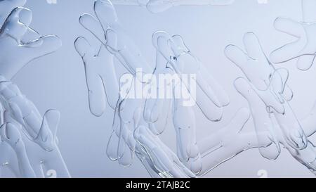 Humanes Chromosom unter Mikroskop, Genomsequenz. Molekularbiologie, DNA-Moleküle, schwimmende Chromosomen mit hervorgehobenen Telomeren, genetischer Code, G Stockfoto