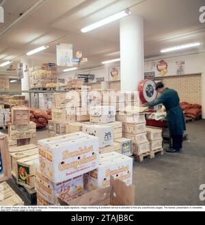 Moller & Co Kaffeerösterei und -Großhandel im Schlachthofbereich Stockholm 1969 hier sehen wir ein Innenbild mit Lebensmitteln, Obst und Gemüse mit einem Mann im Maßstab. Stockfoto