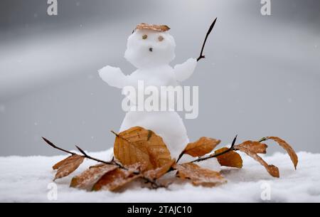 München, Deutschland. Dezember 2023. Ein kleiner Schneemann steht auf einer Brücke am Nymphenburger Kanal. Quelle: Sven Hoppe/dpa/Alamy Live News Stockfoto