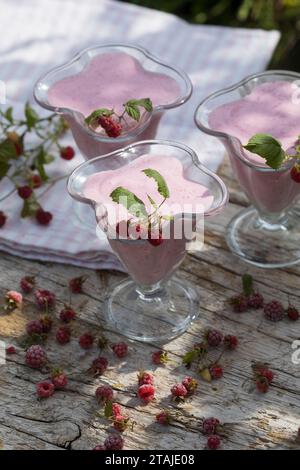 Himbeer-Softeis, Eis, Himbeereis, Soft-Eis, Sofeis, Eis selbermachen aus Naturjoghurt, Quark, Früchten, Wildfrüchten, Banane, Vanillezucker. Schritt 4 Stockfoto