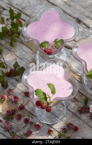 Himbeer-Softeis, Eis, Himbeereis, Soft-Eis, Sofeis, Eis selbermachen aus Naturjoghurt, Quark, Früchten, Wildfrüchten, Banane, Vanillezucker. Schritt 4 Stockfoto