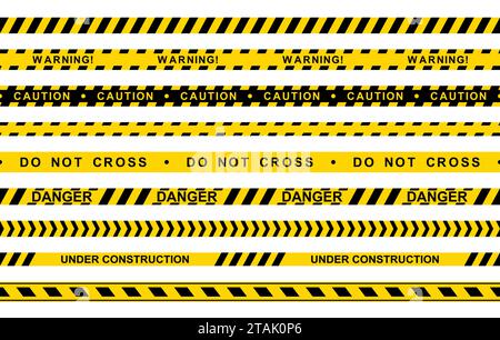 Satz nahtloser gelber und schwarzer Warnbänder mit Text kreuzen sich nicht, Warnung, Vorsicht isoliert auf weißem Hintergrund. Polizei-Isolierleitung, Schilder Stock Vektor
