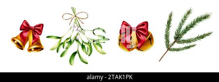 Goldene weihnachtsglocken mit roter Satinschleife, grüne Misteln mit Illustration aus Satin. Neujahrskiefernzweig isoliert auf weißem Rücken Stockfoto
